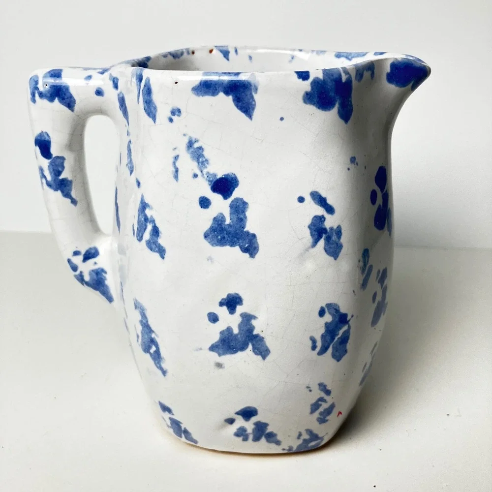 Bybee Pottery Pitcher Creamer 6in White Blue Spongeware Vintage Kentucky BB